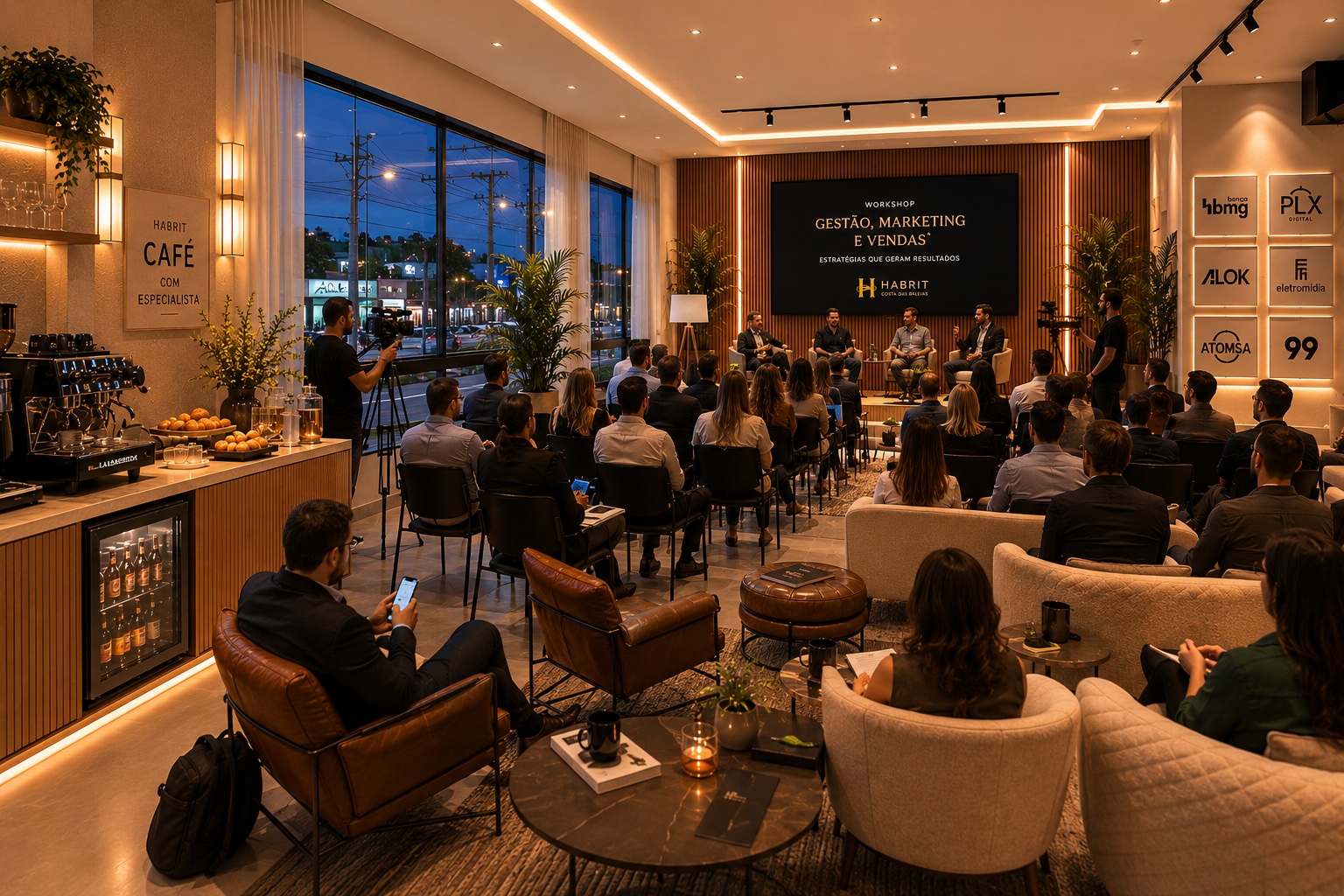 Sala executiva contemporânea com poltronas e palco intimista